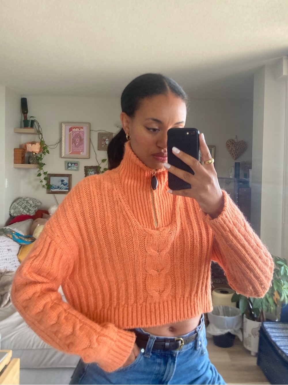 Nanushka Cropped Eria Cable-Knit Turtleneck Sweater in Orange